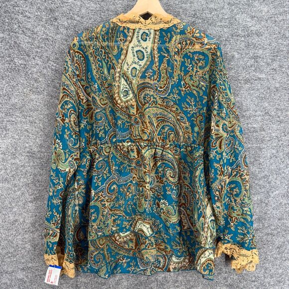 New Zoey Beth Blouse Women 2X Plus Blue Paisley V-Neck Tasseled Long Sleeve - Picture 2 of 7